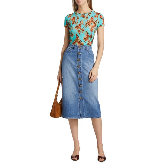 L'AGENCE Ressi Fitted Tee Women‎ S Pool Blue Multi Ganado Shirt Southwestern NEW - Picture 11 of 16